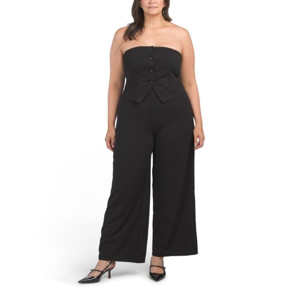 MADDEN GIRL Black Plus Strapless Faux Vest Jumpsuit - Picture 1 of 2